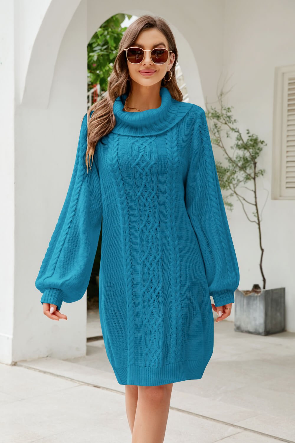 Woven Right Mixed Knit Turtleneck Lantern Sleeve Sweater Dress - Dress - Teal - Bella Bourget