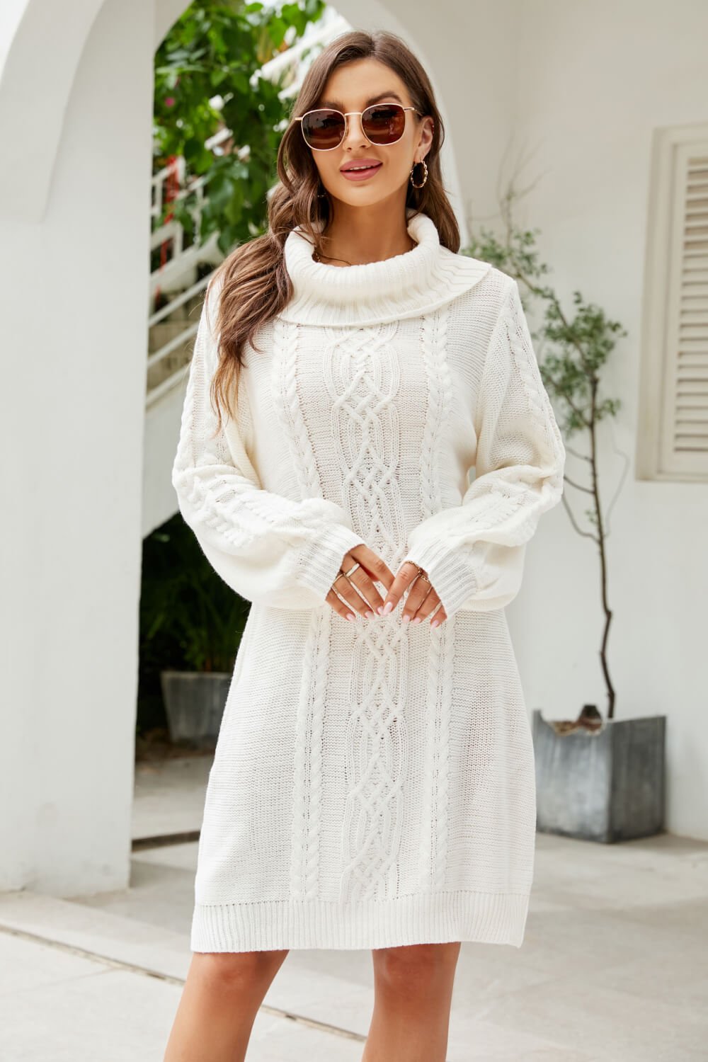 Woven Right Mixed Knit Turtleneck Lantern Sleeve Sweater Dress - Dress - White - Bella Bourget