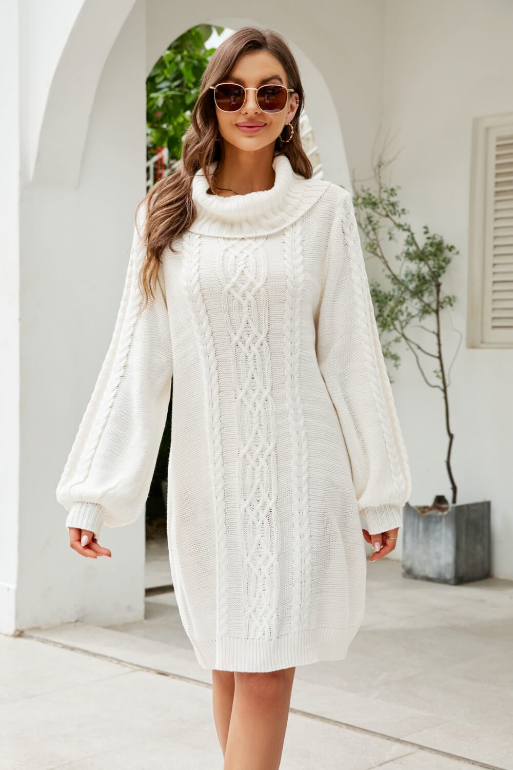 Woven Right Mixed Knit Turtleneck Lantern Sleeve Sweater Dress - Dress - White - Bella Bourget