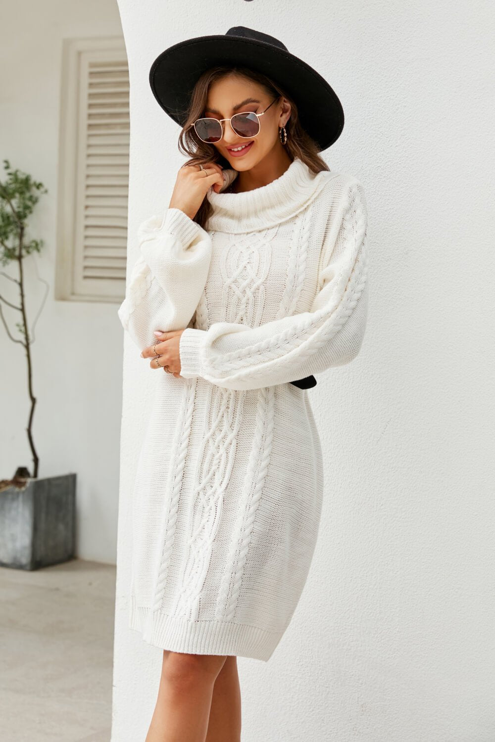 Woven Right Mixed Knit Turtleneck Lantern Sleeve Sweater Dress - Dress - White - Bella Bourget