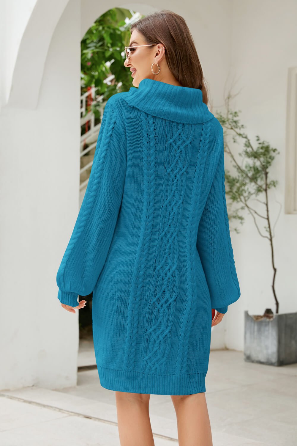 Woven Right Mixed Knit Turtleneck Lantern Sleeve Sweater Dress - Dress - Teal - Bella Bourget