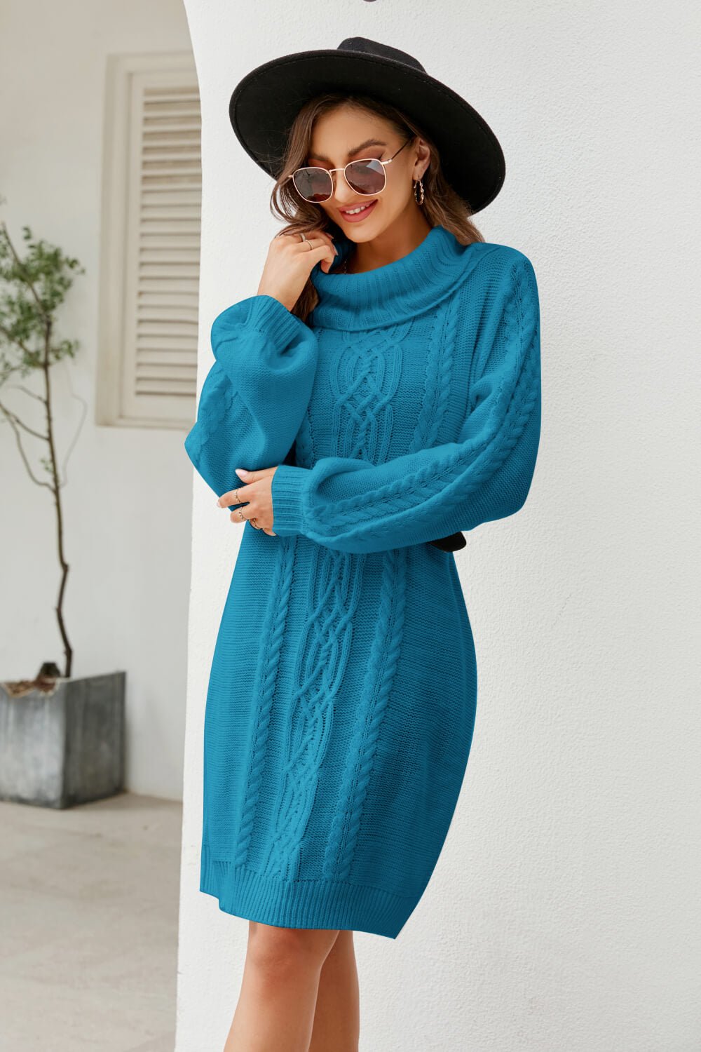 Woven Right Mixed Knit Turtleneck Lantern Sleeve Sweater Dress - Dress - Teal - Bella Bourget