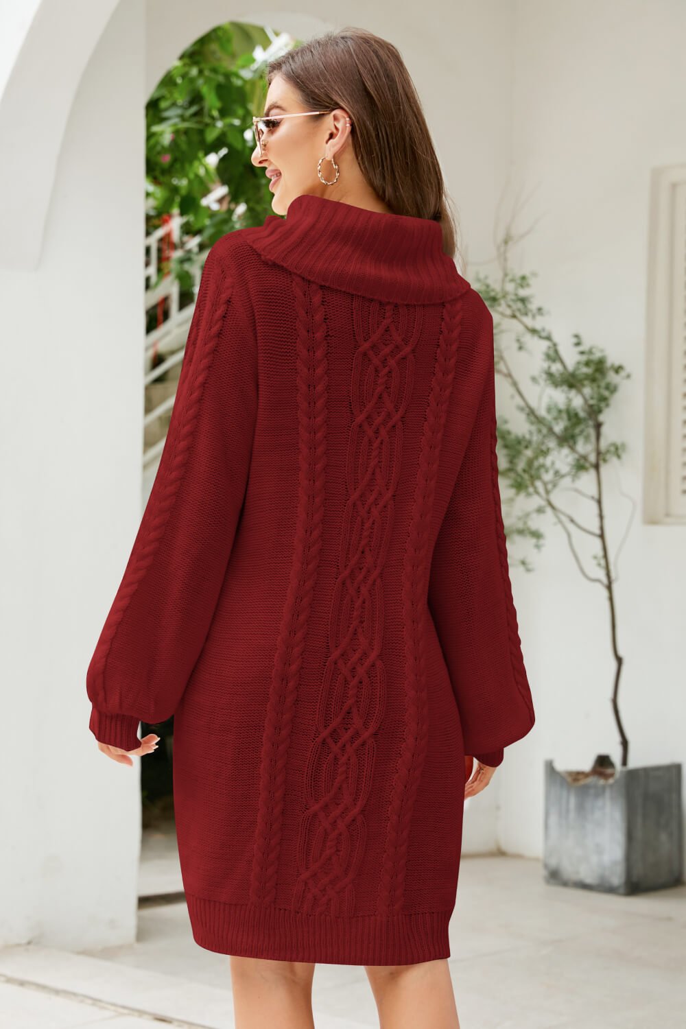 Woven Right Mixed Knit Turtleneck Lantern Sleeve Sweater Dress - Dress - Wine - Bella Bourget