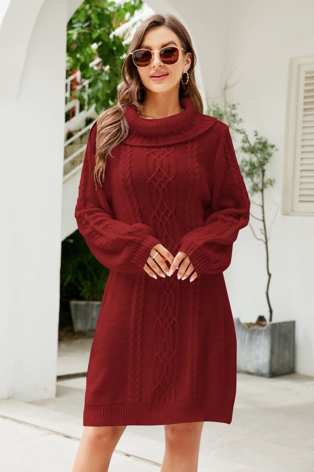 Woven Right Mixed Knit Turtleneck Lantern Sleeve Sweater Dress - Dress - Wine - Bella Bourget