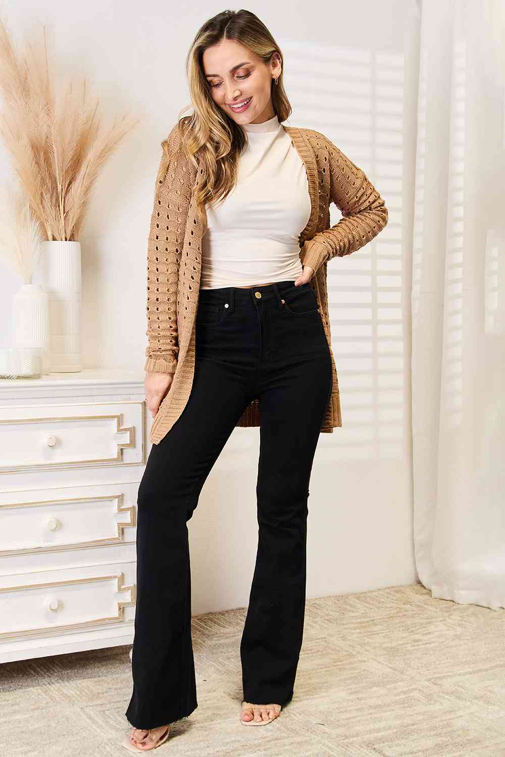 Woven Right Openwork Horizontal Ribbing Open Front Cardigan - Cardigan - Caramel - Bella Bourget