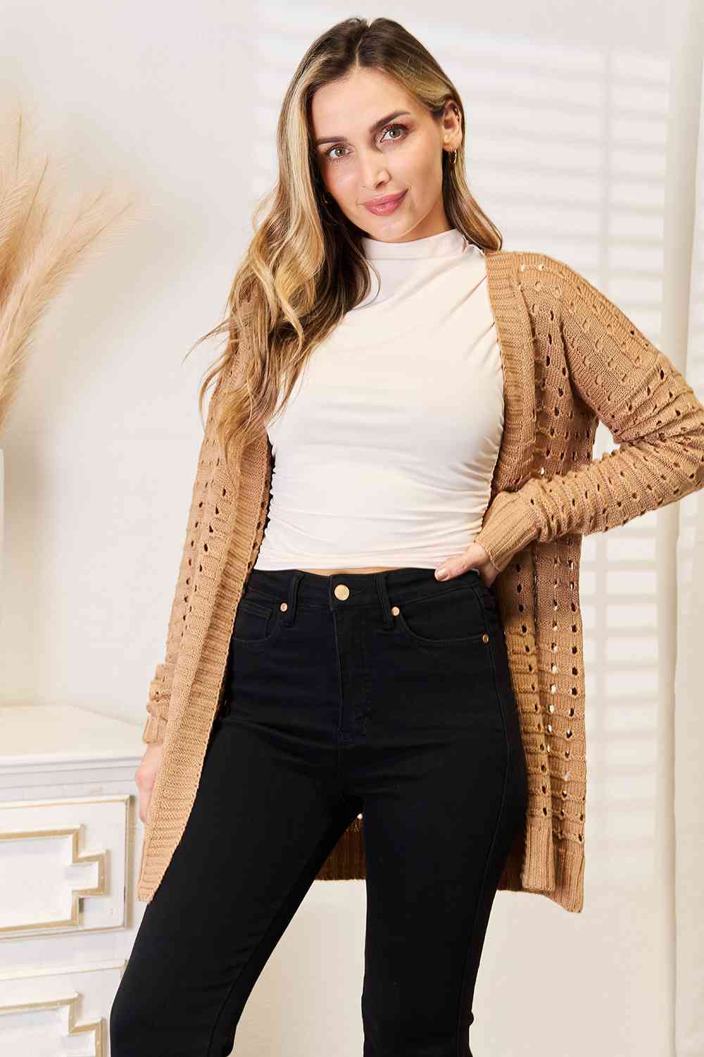 Woven Right Openwork Horizontal Ribbing Open Front Cardigan - Cardigan - Caramel - Bella Bourget