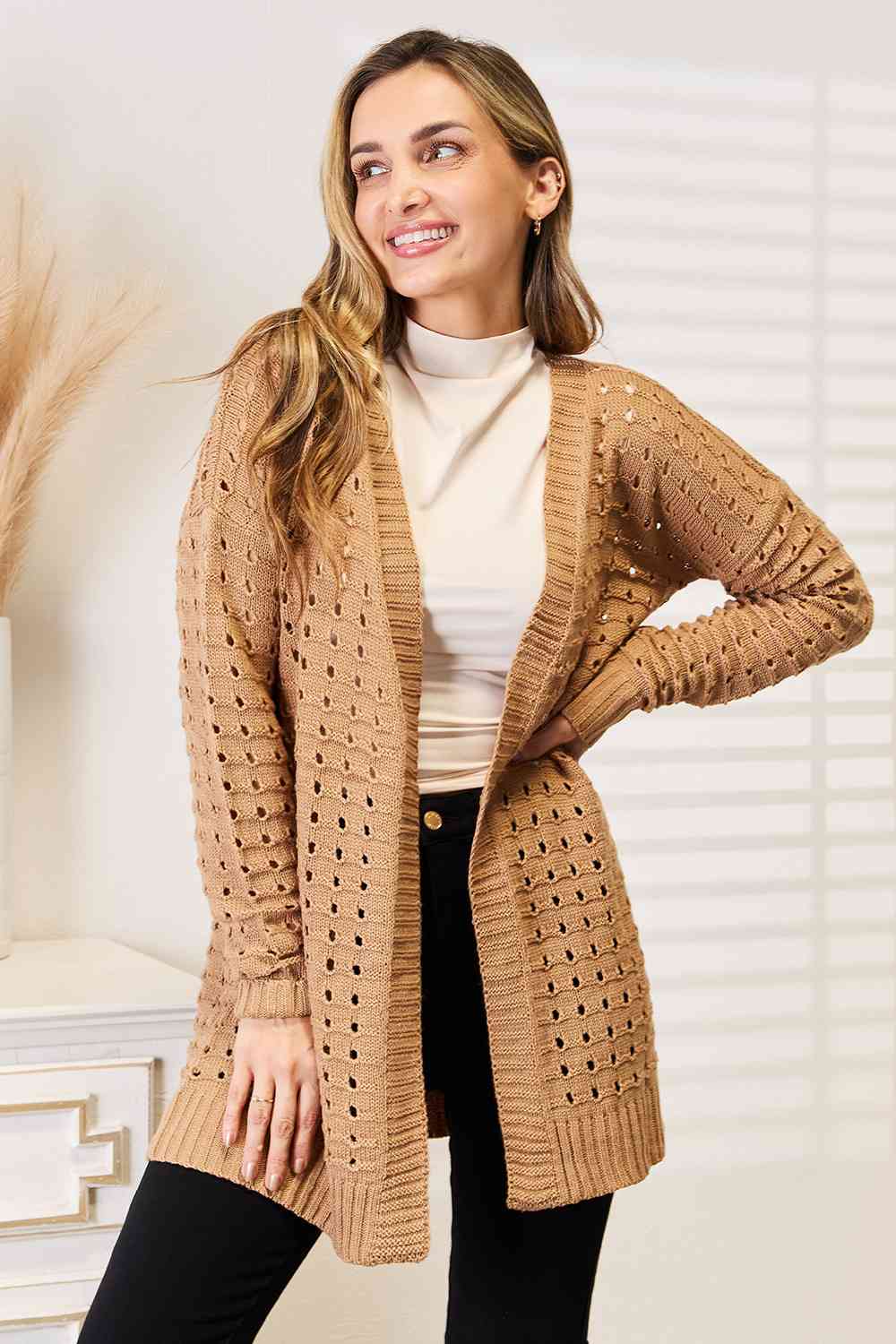 Woven Right Openwork Horizontal Ribbing Open Front Cardigan - Cardigan - Caramel - Bella Bourget