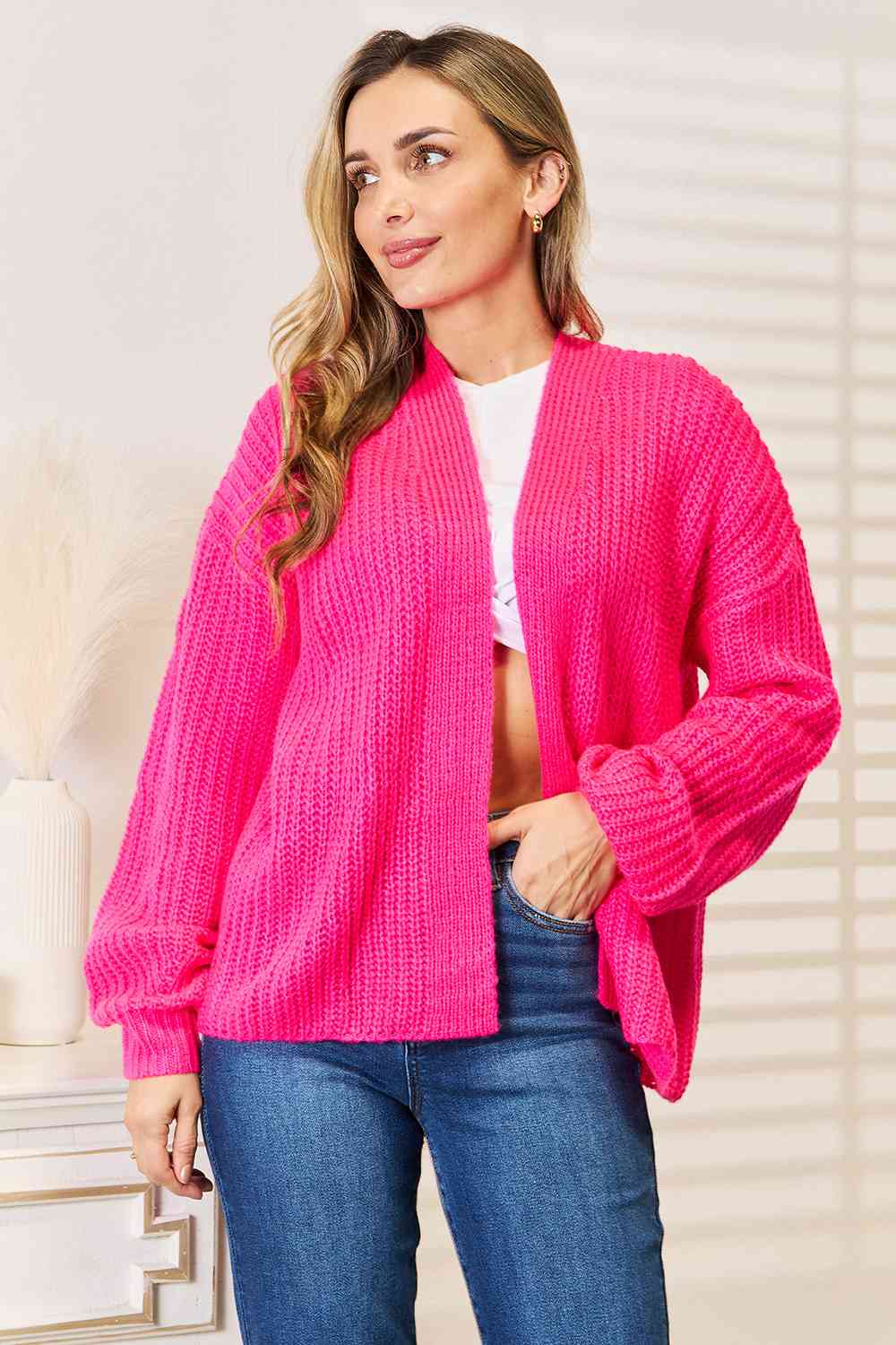 Woven Right Rib - Knit Open Front Drop Shoulder Cardigan - TikTok - Hot Pink - Bella Bourget