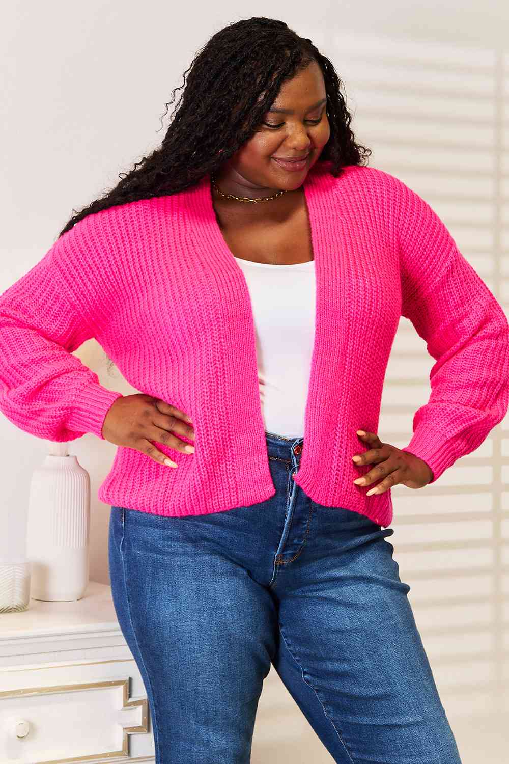 Woven Right Rib - Knit Open Front Drop Shoulder Cardigan - TikTok - Hot Pink - Bella Bourget