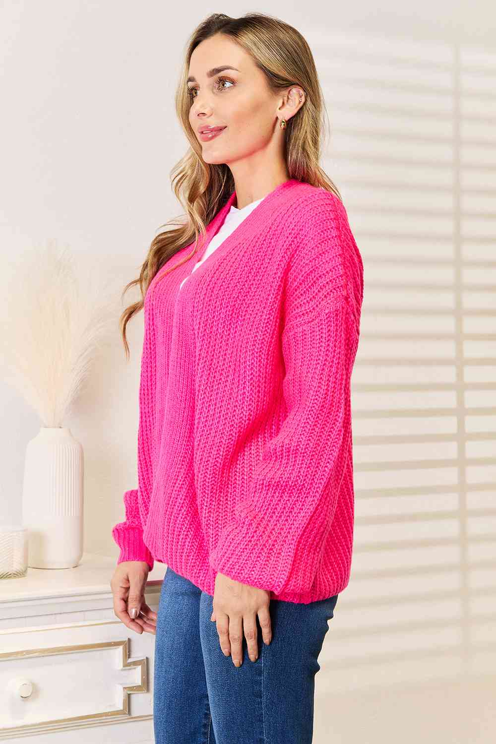 Woven Right Rib - Knit Open Front Drop Shoulder Cardigan - TikTok - Hot Pink - Bella Bourget