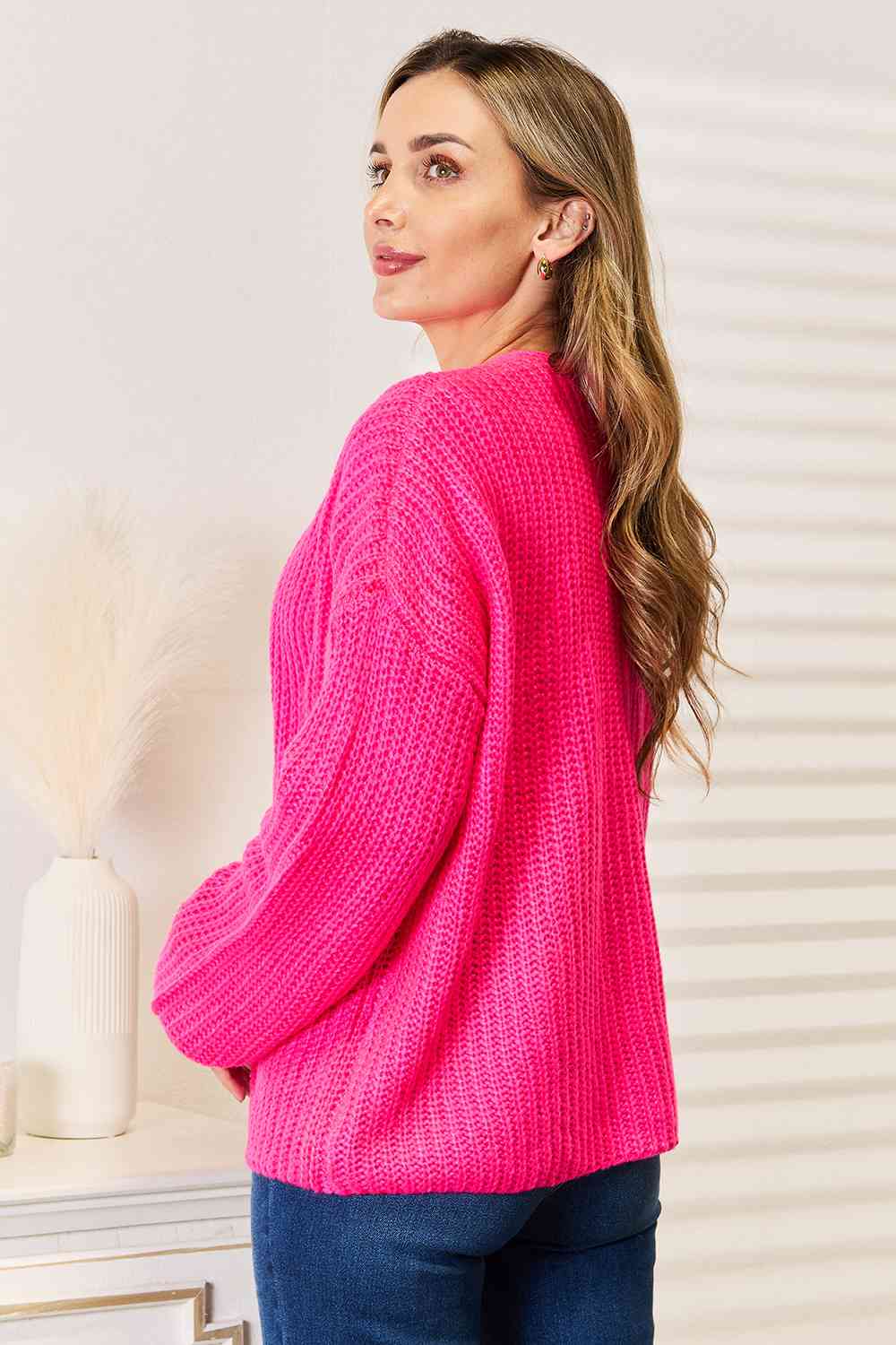 Woven Right Rib - Knit Open Front Drop Shoulder Cardigan - TikTok - Hot Pink - Bella Bourget