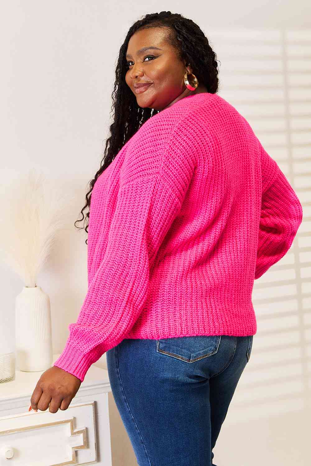 Woven Right Rib - Knit Open Front Drop Shoulder Cardigan - TikTok - Hot Pink - Bella Bourget