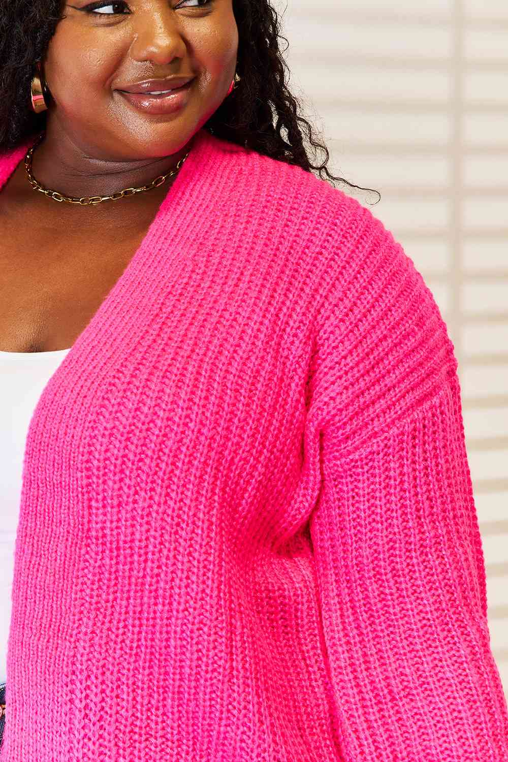 Woven Right Rib - Knit Open Front Drop Shoulder Cardigan - TikTok - Hot Pink - Bella Bourget