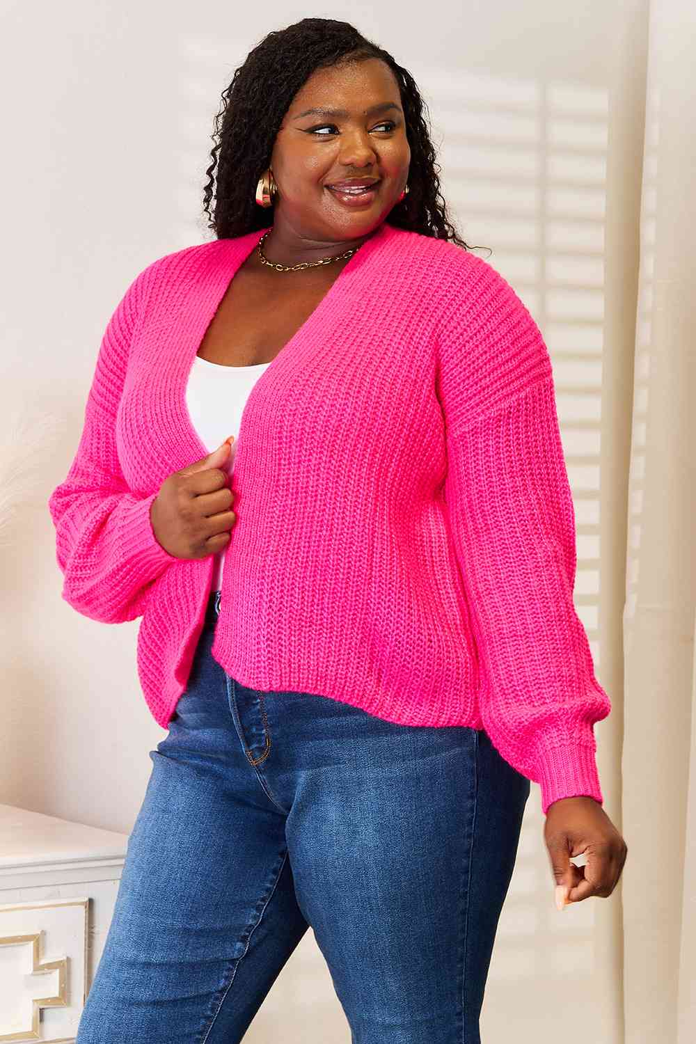 Woven Right Rib - Knit Open Front Drop Shoulder Cardigan - TikTok - Hot Pink - Bella Bourget