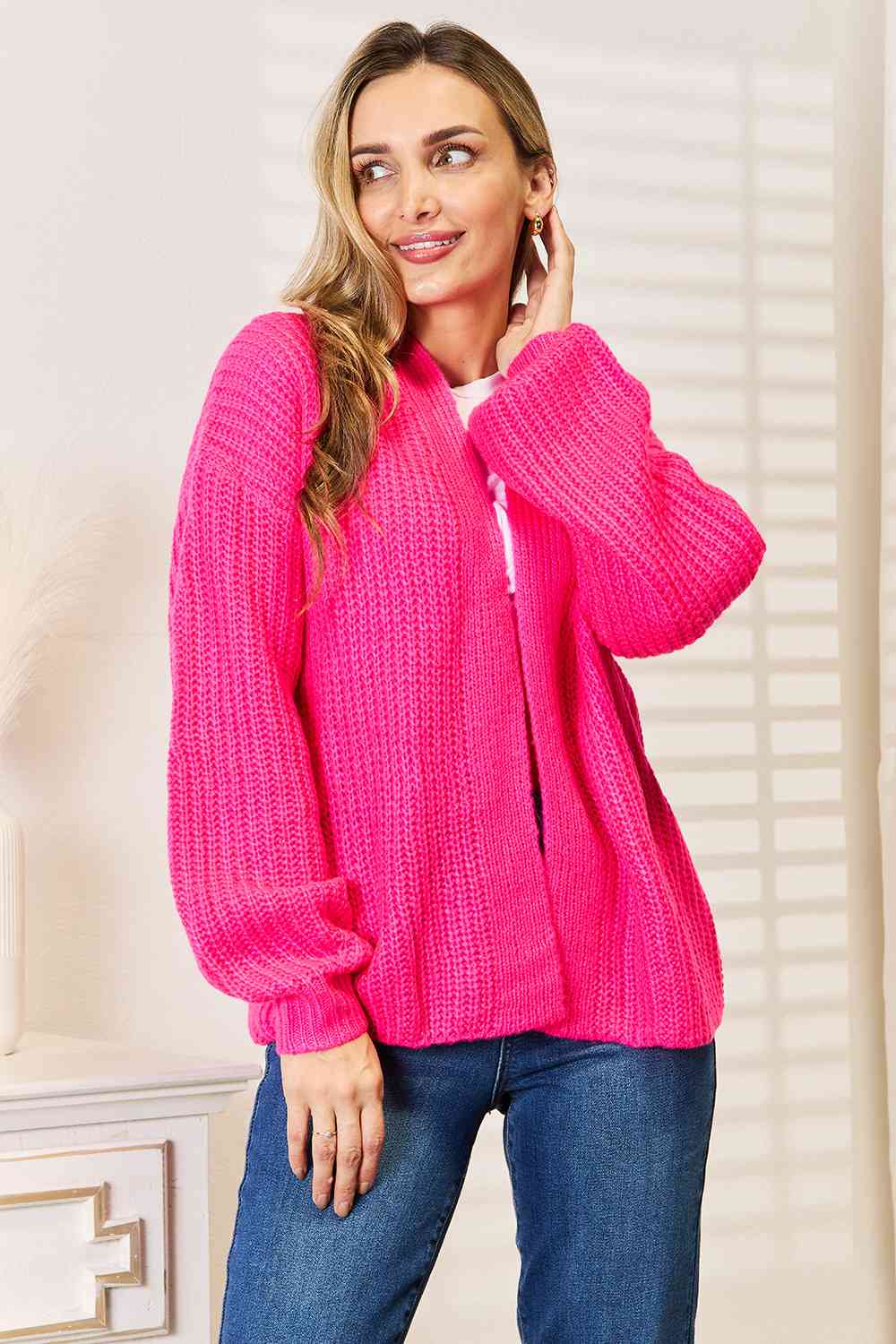 Woven Right Rib - Knit Open Front Drop Shoulder Cardigan - TikTok - Hot Pink - Bella Bourget