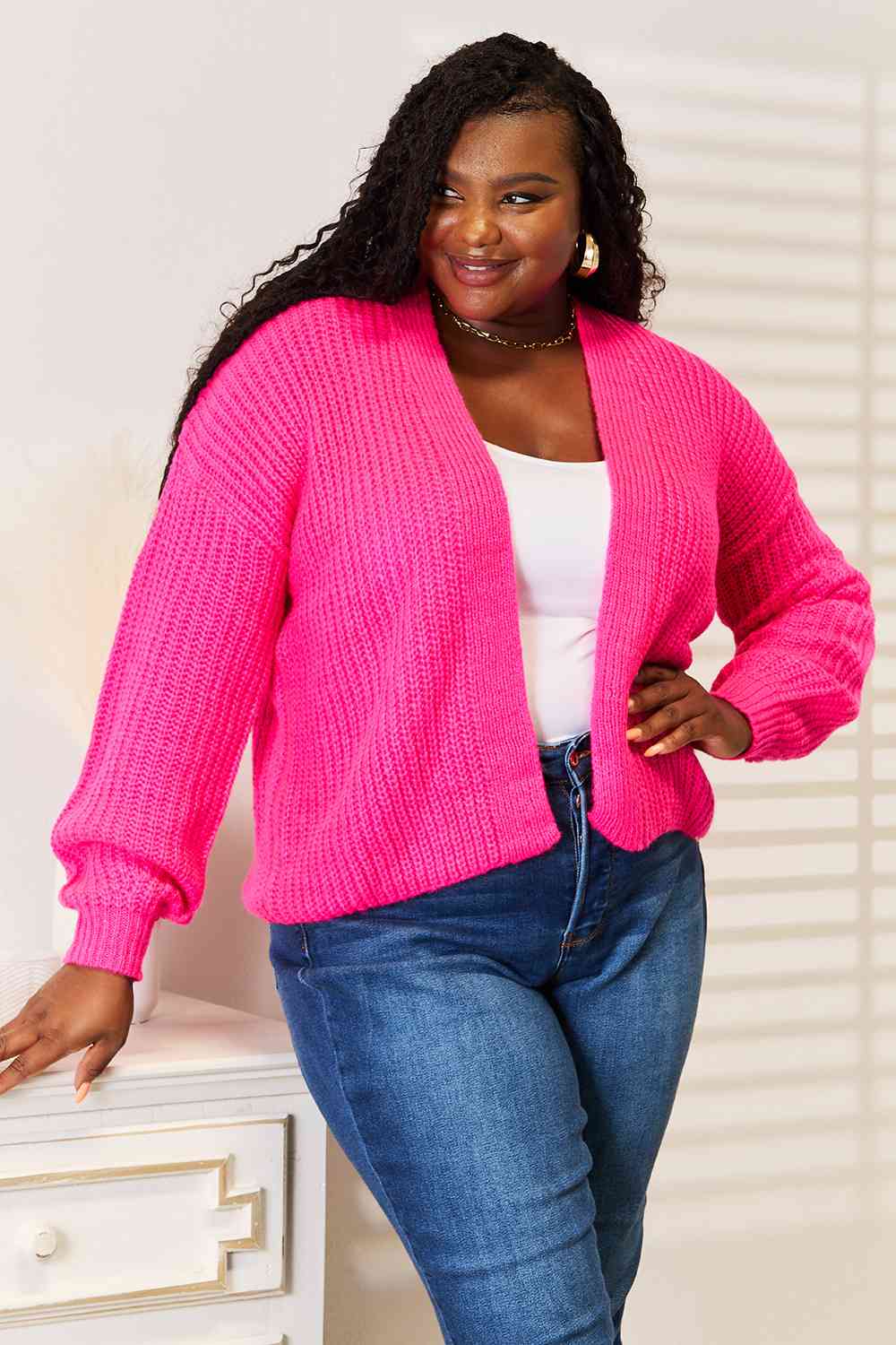 Woven Right Rib - Knit Open Front Drop Shoulder Cardigan - TikTok - Hot Pink - Bella Bourget