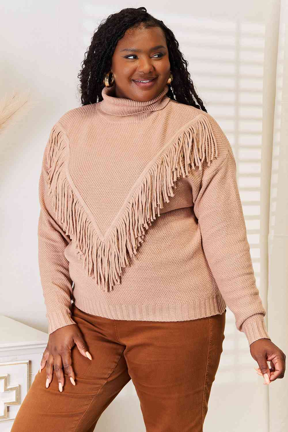 Woven Right Turtleneck Fringe Front Long Sleeve Sweater - TikTok - Camel - Bella Bourget