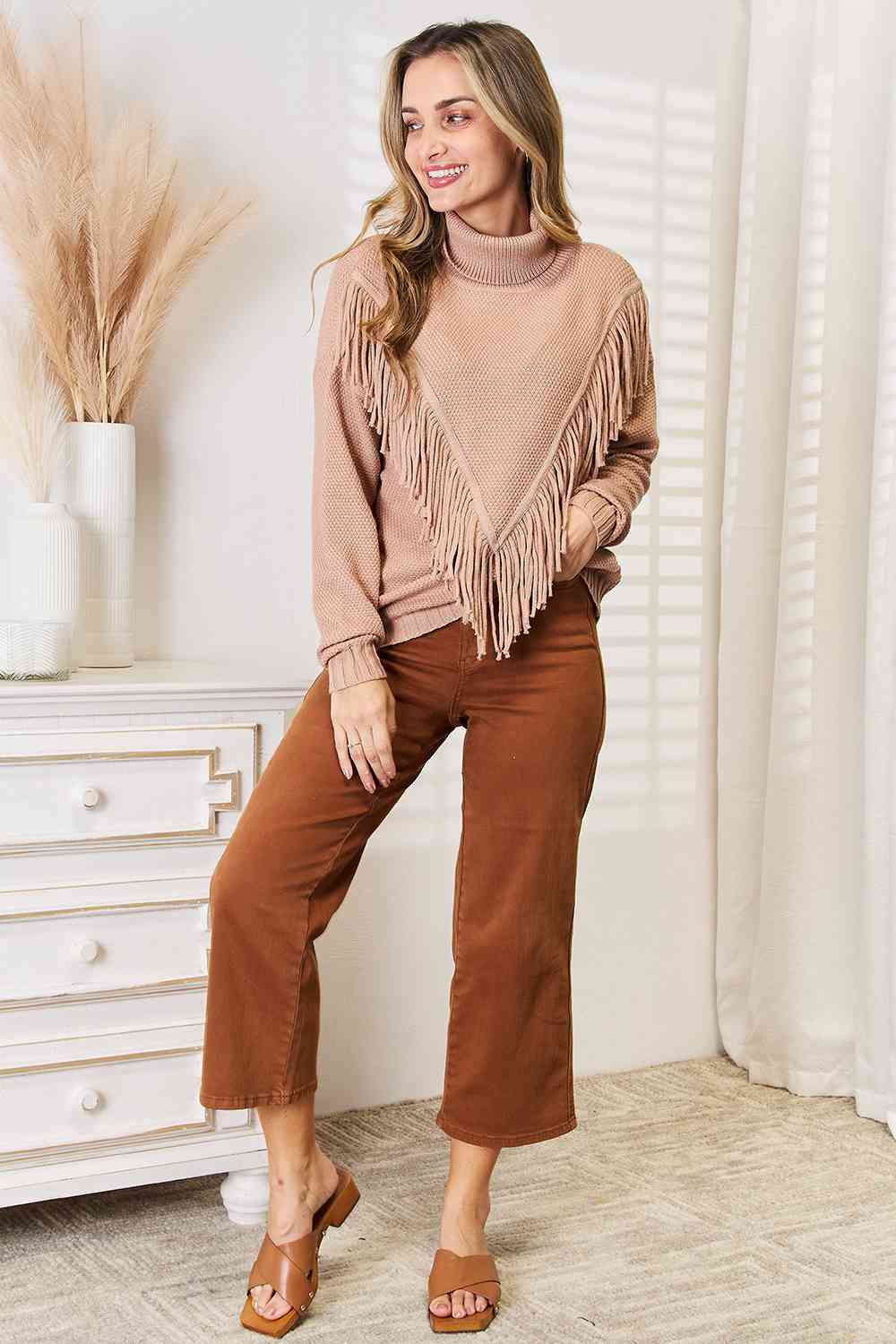 Woven Right Turtleneck Fringe Front Long Sleeve Sweater - TikTok - Camel - Bella Bourget