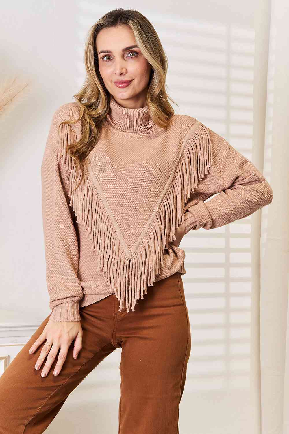 Woven Right Turtleneck Fringe Front Long Sleeve Sweater - TikTok - Camel - Bella Bourget