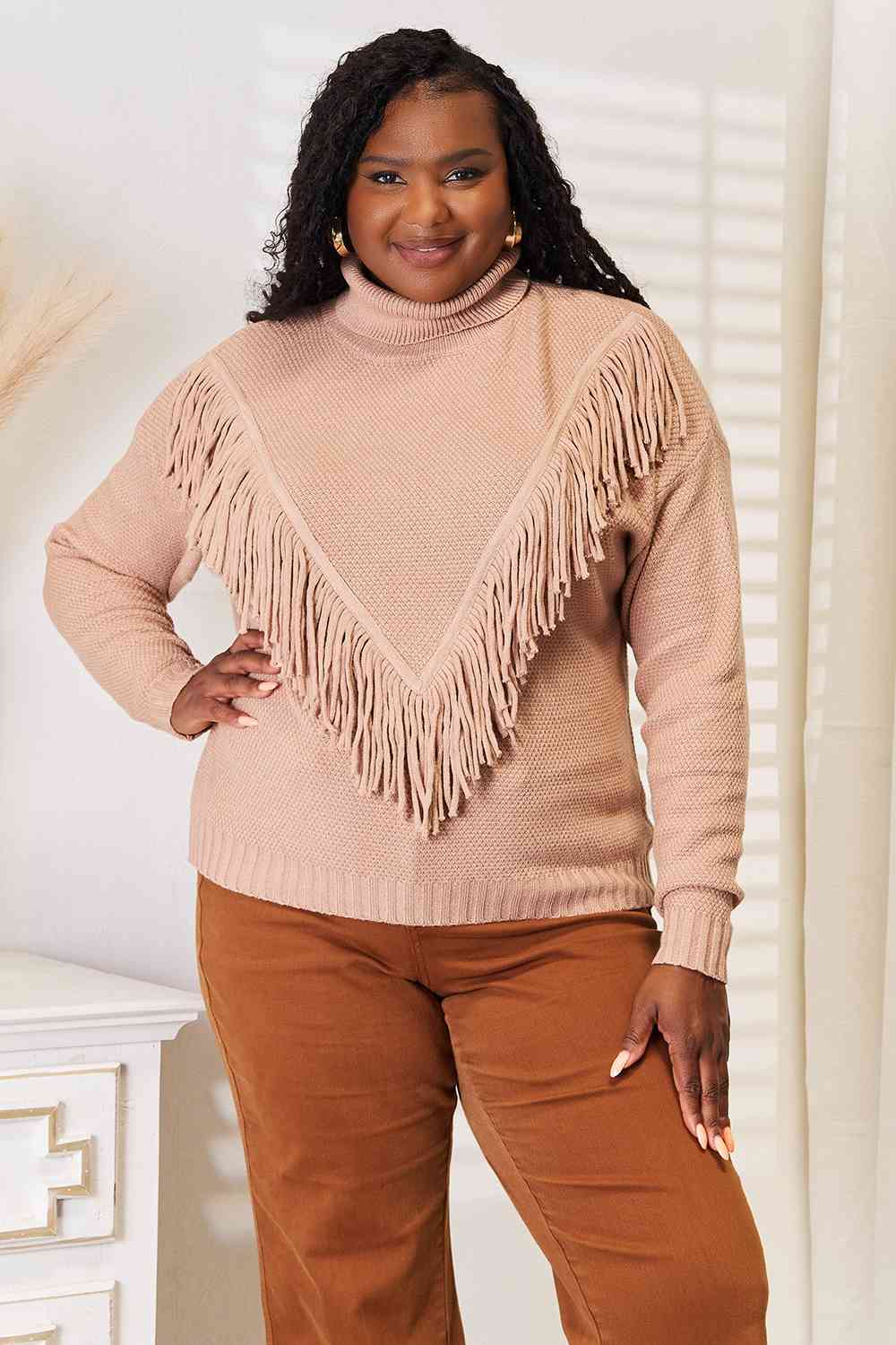 Woven Right Turtleneck Fringe Front Long Sleeve Sweater - TikTok - Camel - Bella Bourget