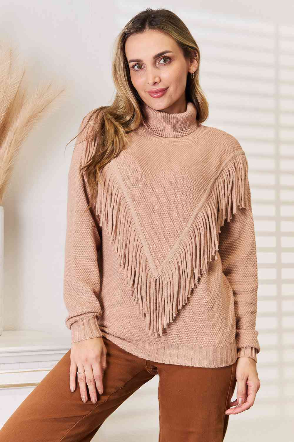 Woven Right Turtleneck Fringe Front Long Sleeve Sweater - TikTok - Camel - Bella Bourget