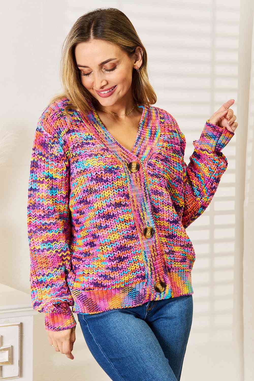 Woven Right V - Neck Long Sleeve Cardigan - TikTok - Multicolor - Bella Bourget