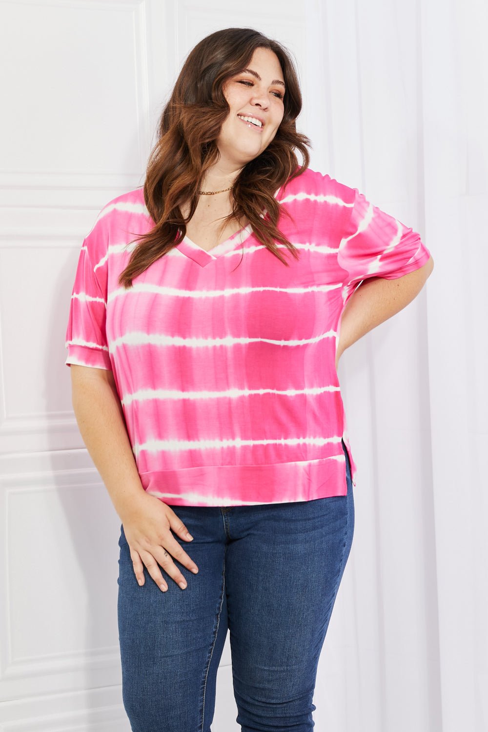 Yelete Full Size Oversized Fit V - Neck Striped Top - Full Size Blouse - Hot Pink - Bella Bourget