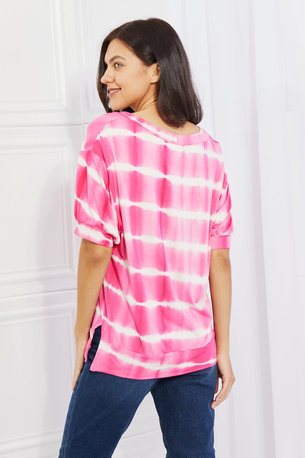 Yelete Full Size Oversized Fit V - Neck Striped Top - Full Size Blouse - Hot Pink - Bella Bourget