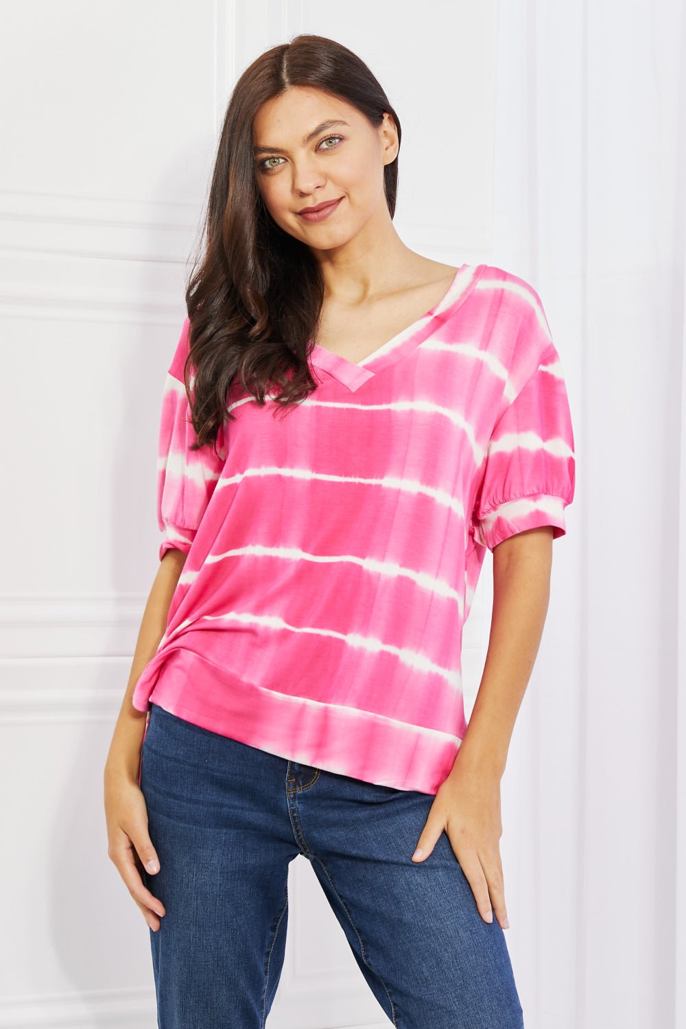 Yelete Full Size Oversized Fit V - Neck Striped Top - Full Size Blouse - Hot Pink - Bella Bourget