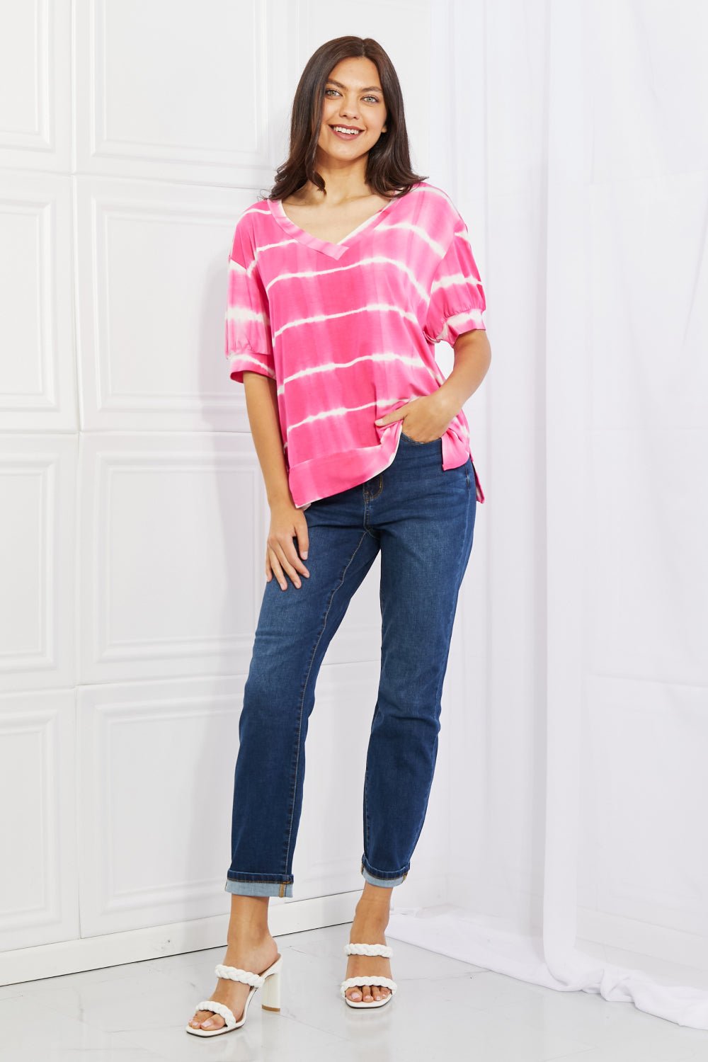 Yelete Full Size Oversized Fit V - Neck Striped Top - Full Size Blouse - Hot Pink - Bella Bourget