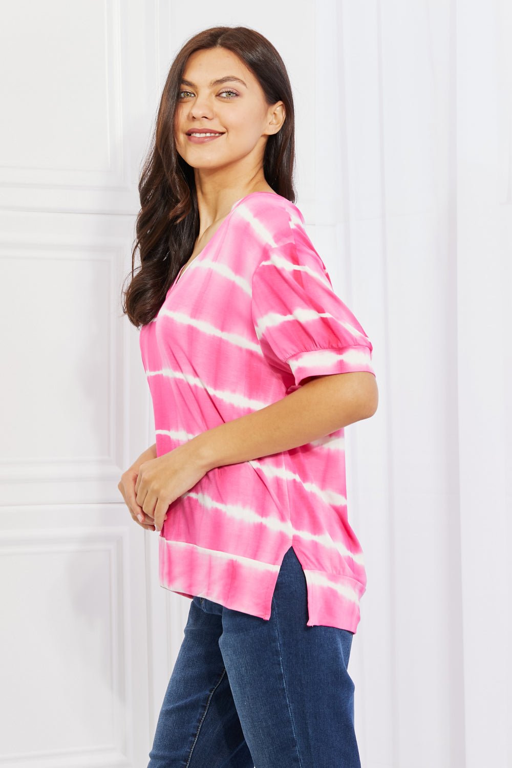 Yelete Full Size Oversized Fit V - Neck Striped Top - Full Size Blouse - Hot Pink - Bella Bourget