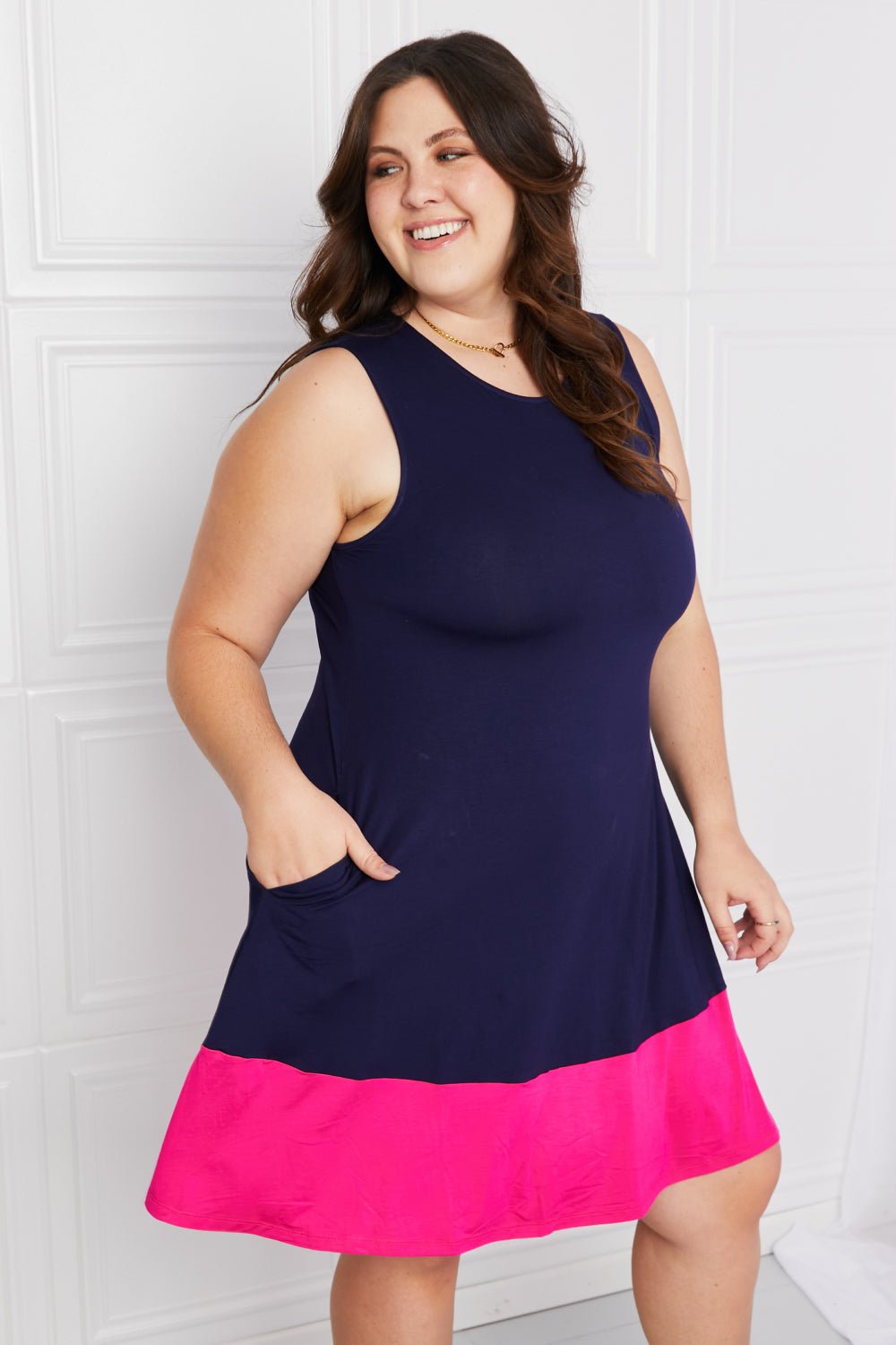 Yelete Full Size Two - Tone Sleeveless Mini Dress with Pockets - Dress - Navy/Fuchsia - Bella Bourget