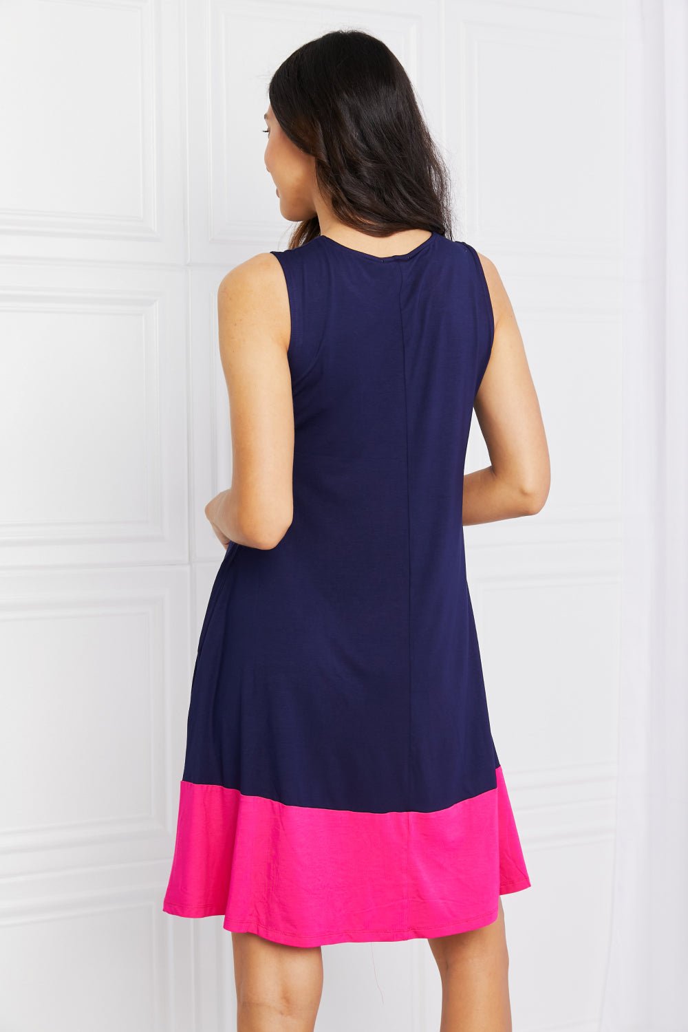 Yelete Full Size Two - Tone Sleeveless Mini Dress with Pockets - Dress - Navy/Fuchsia - Bella Bourget