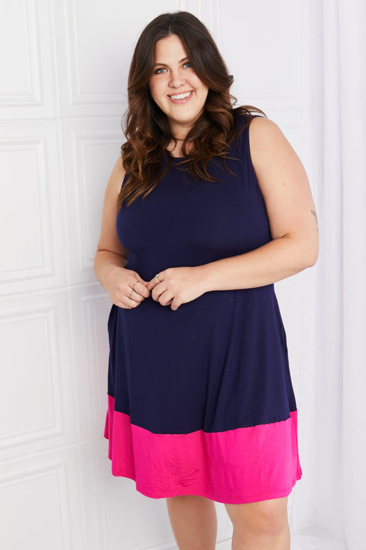 Yelete Full Size Two - Tone Sleeveless Mini Dress with Pockets - Dress - Navy/Fuchsia - Bella Bourget