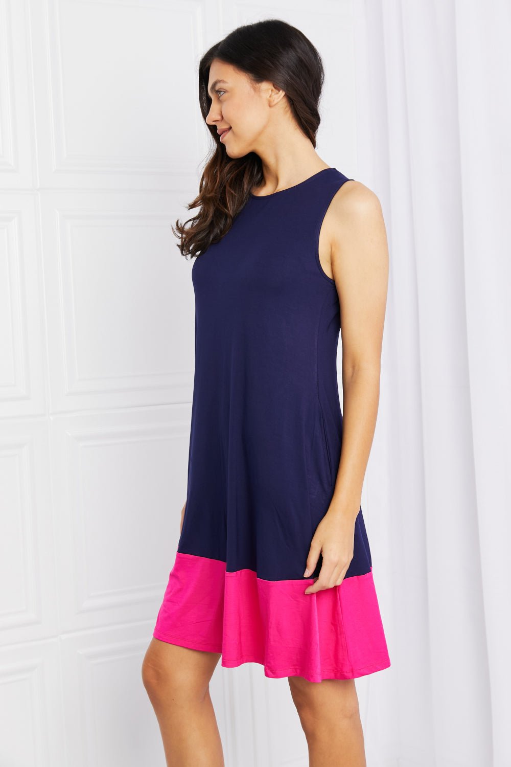 Yelete Full Size Two - Tone Sleeveless Mini Dress with Pockets - Dress - Navy/Fuchsia - Bella Bourget