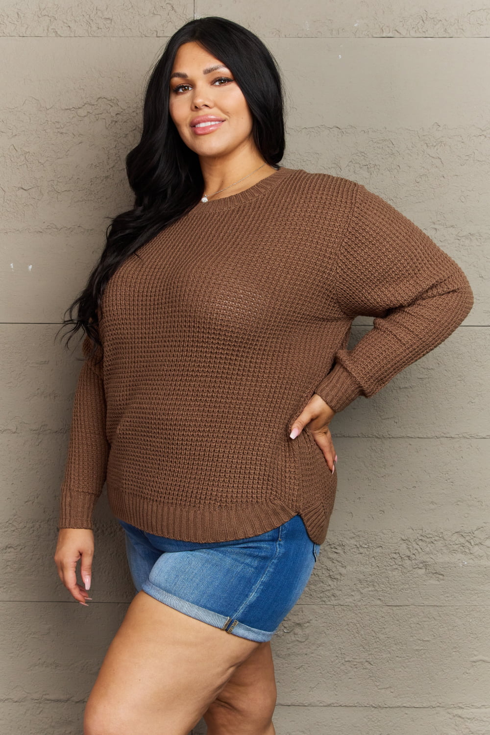 Zenana Breezy Days Full Size High Low Waffle Knit Sweater - Sweater - Chestnut - Bella Bourget