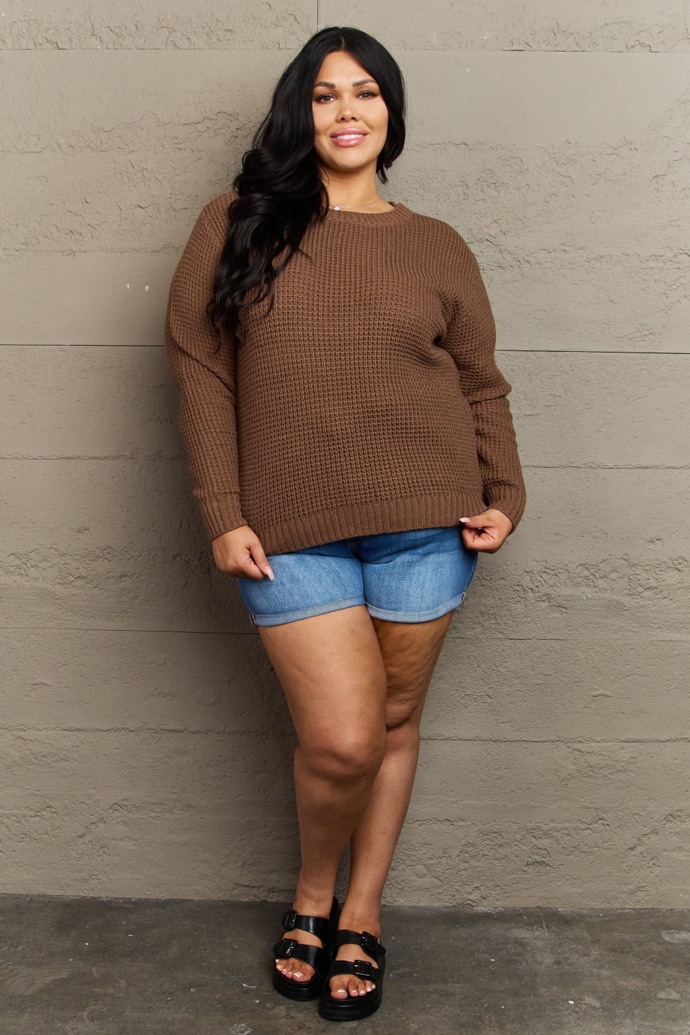 Zenana Breezy Days Full Size High Low Waffle Knit Sweater - Sweater - Chestnut - Bella Bourget