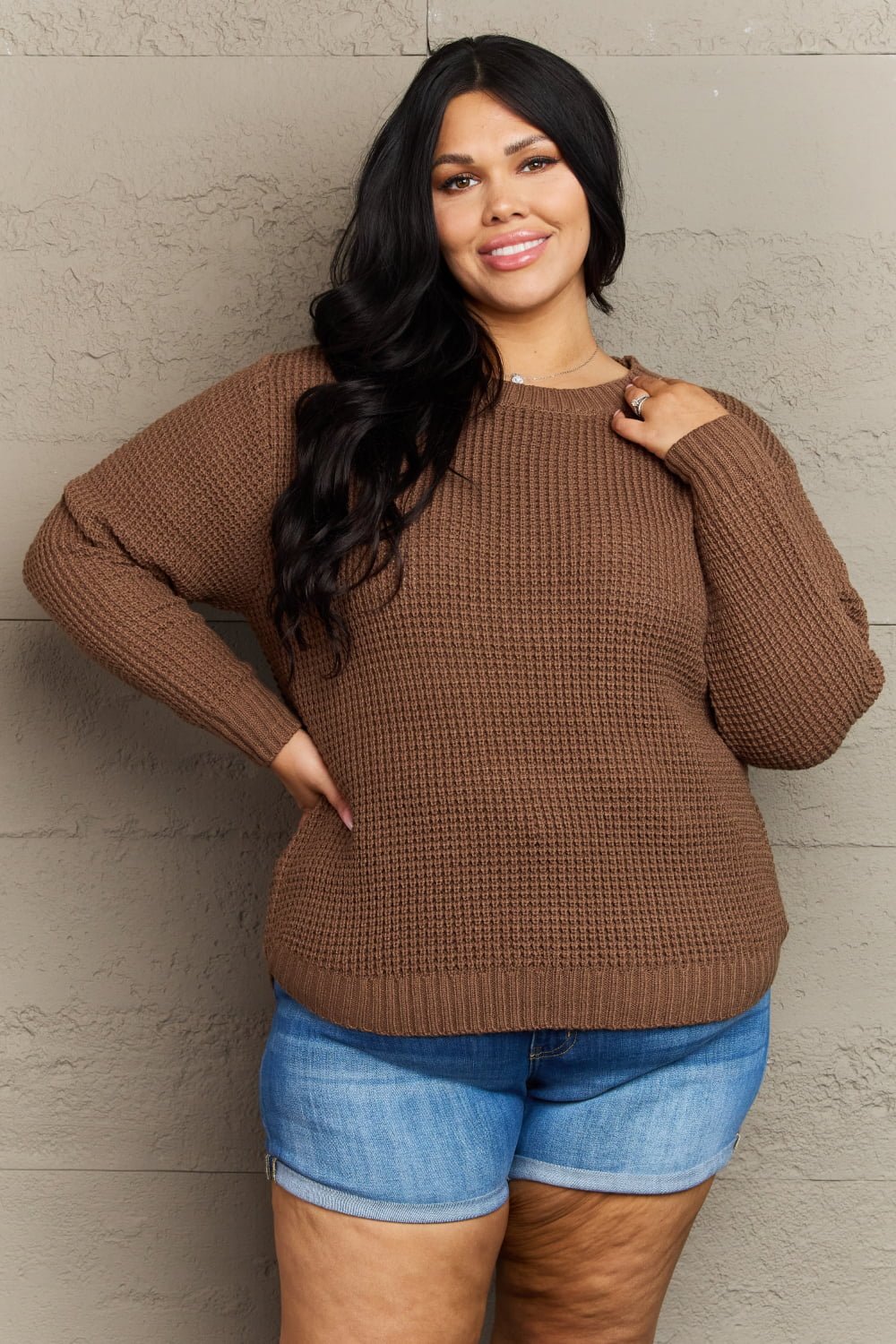 Zenana Breezy Days Full Size High Low Waffle Knit Sweater - Sweater - Chestnut - Bella Bourget