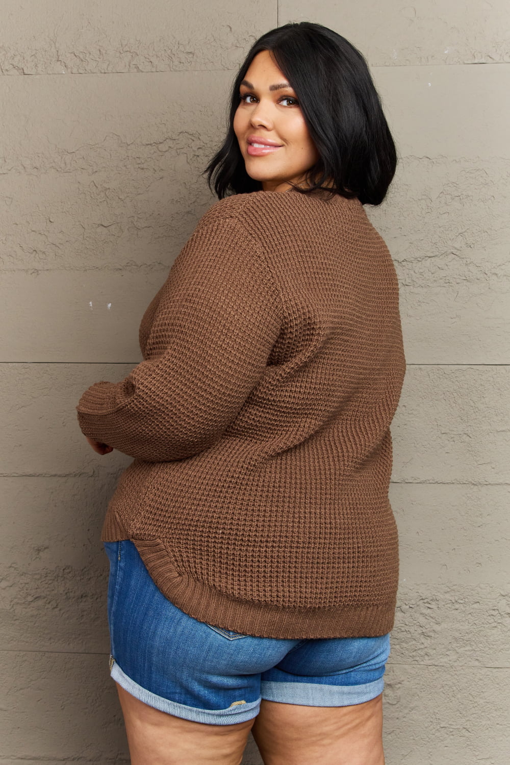 Zenana Breezy Days Full Size High Low Waffle Knit Sweater - Sweater - Chestnut - Bella Bourget