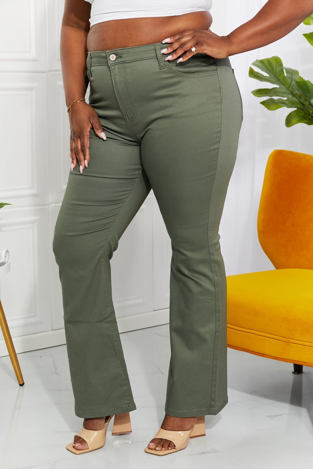 Zenana Clementine Full Size High - Rise Bootcut Jeans in Olive - Full Size Pants - Matcha Green - Bella Bourget