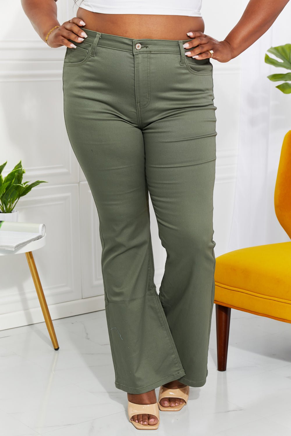 Zenana Clementine Full Size High - Rise Bootcut Jeans in Olive - Full Size Pants - Matcha Green - Bella Bourget