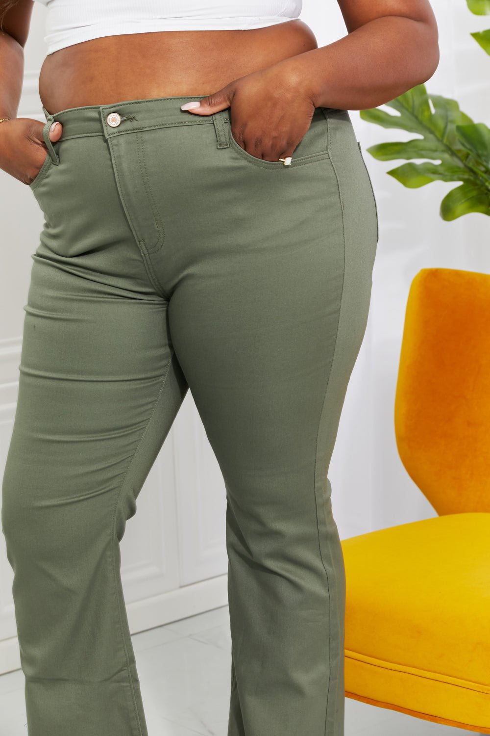 Zenana Clementine Full Size High - Rise Bootcut Jeans in Olive - Full Size Pants - Matcha Green - Bella Bourget