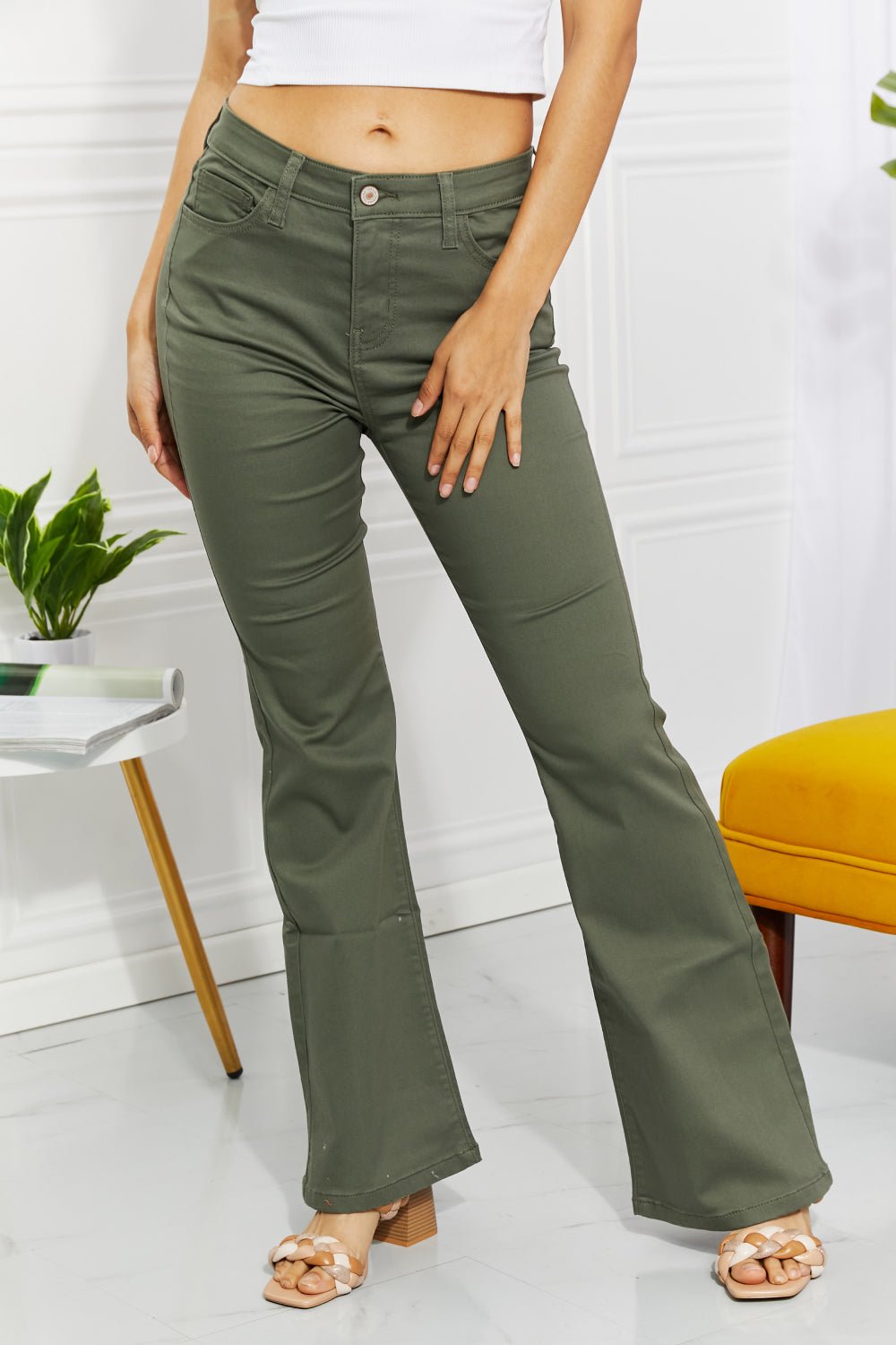 Zenana Clementine Full Size High - Rise Bootcut Jeans in Olive - Full Size Pants - Matcha Green - Bella Bourget