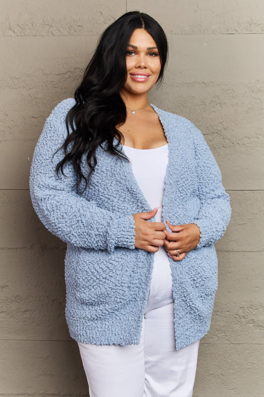 Zenana Falling For You Full Size Open Front Popcorn Cardigan - Cardigan - Pastel Blue - Bella Bourget