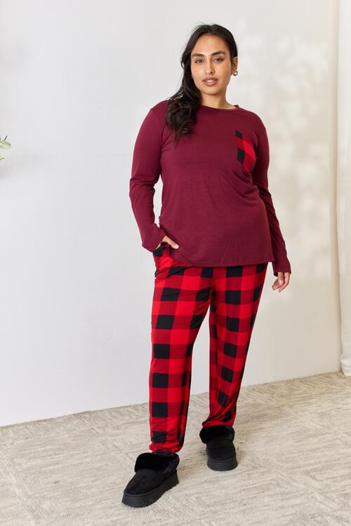 Zenana Full Size Plaid Round Neck Top and Pants Pajama Set - Dark Burgundy - Bella Bourget