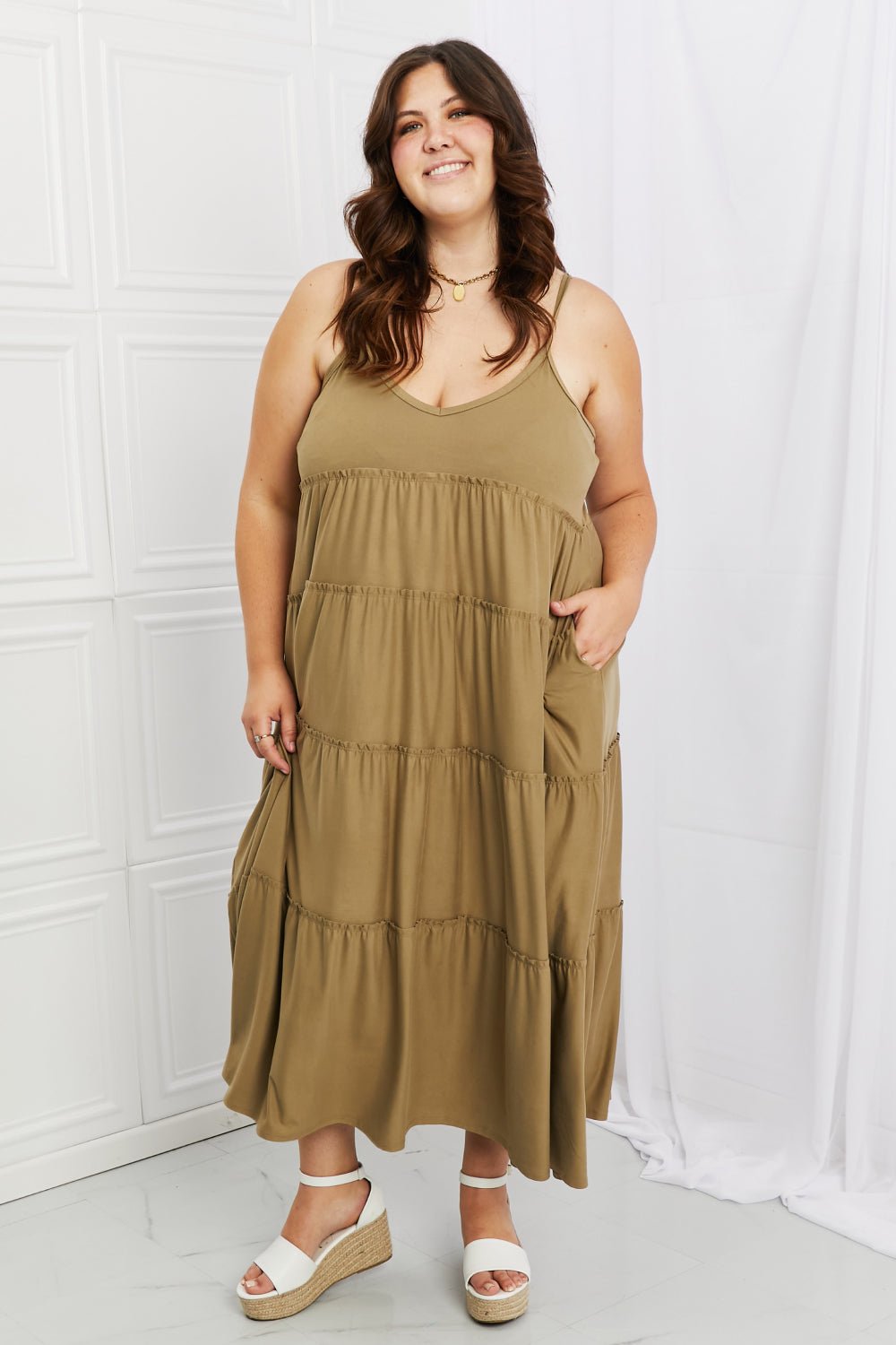 Zenana Full Size Spaghetti Strap Tiered Dress with Pockets in Khaki - Dress - Khaki - Bella Bourget