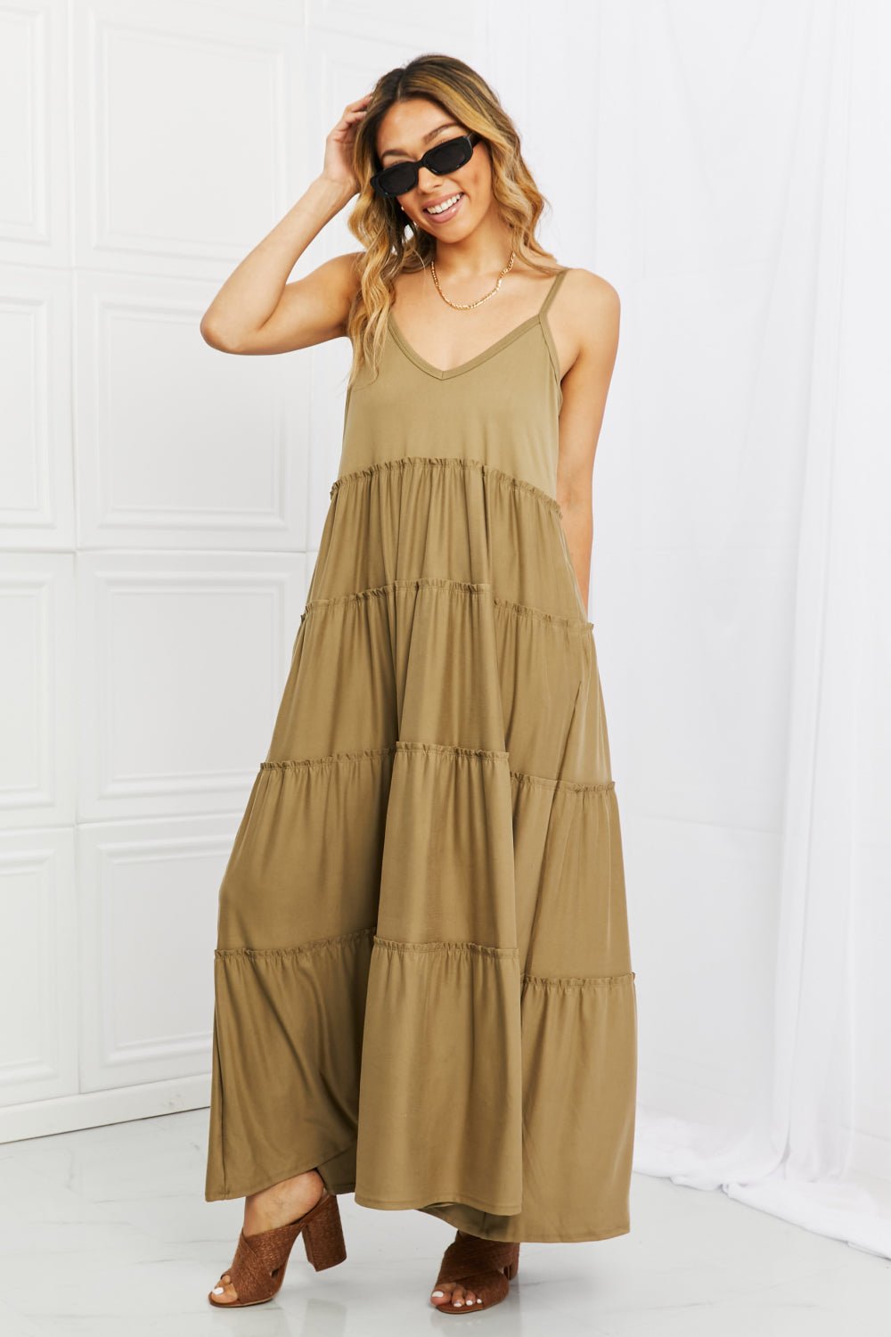 Zenana Full Size Spaghetti Strap Tiered Dress with Pockets in Khaki - Dress - Khaki - Bella Bourget