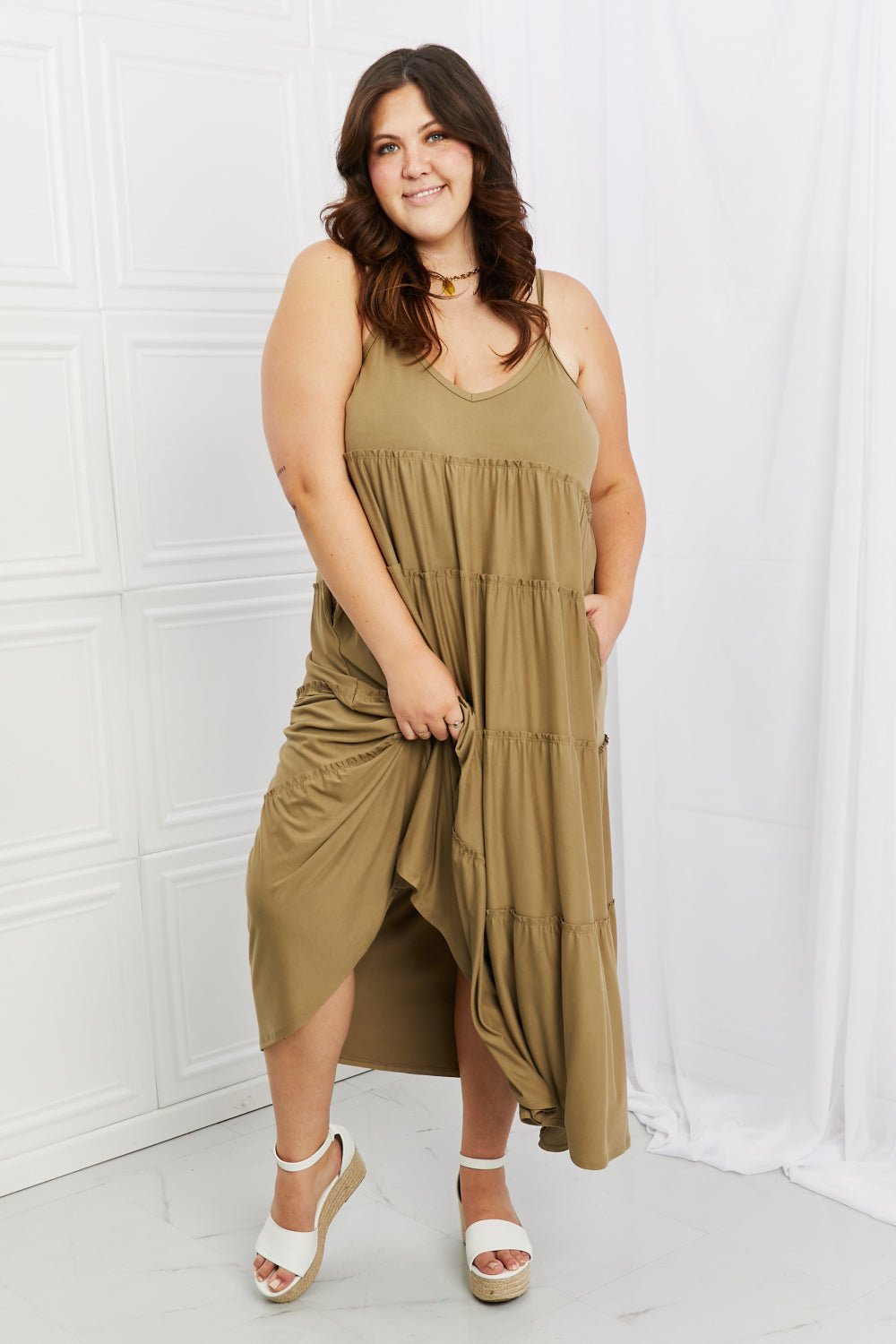 Zenana Full Size Spaghetti Strap Tiered Dress with Pockets in Khaki - Dress - Khaki - Bella Bourget