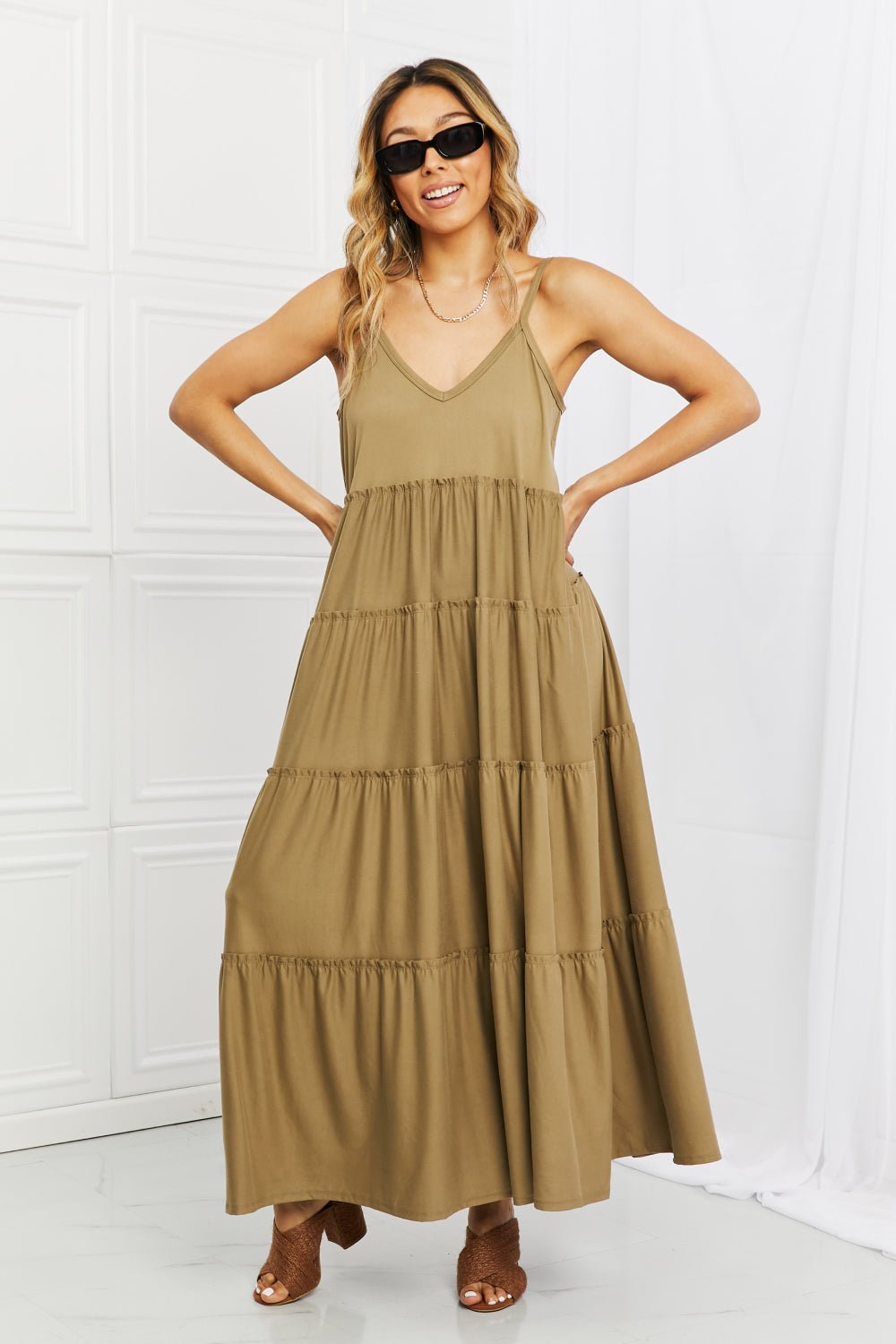 Zenana Full Size Spaghetti Strap Tiered Dress with Pockets in Khaki - Dress - Khaki - Bella Bourget