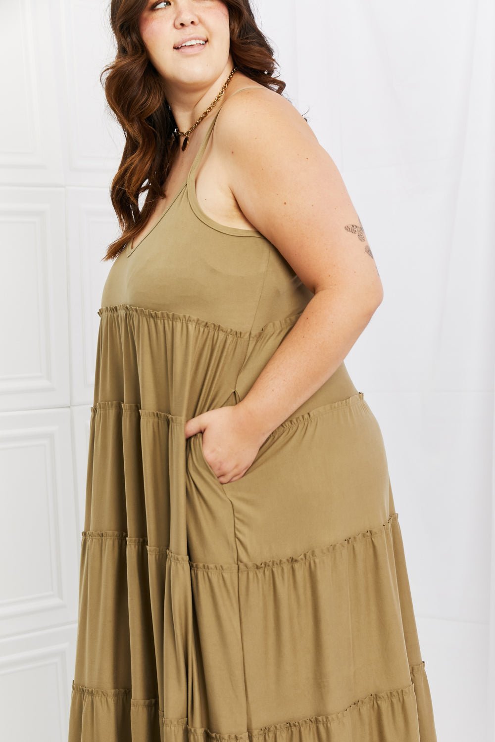 Zenana Full Size Spaghetti Strap Tiered Dress with Pockets in Khaki - Dress - Khaki - Bella Bourget